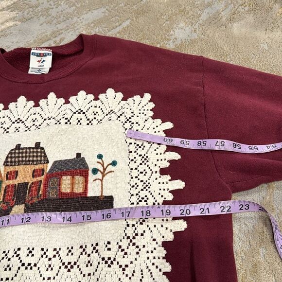 VTG Jerzees sweatshirt Heritage Lace Placemat Folk Art Primitive Houses on front - Picture 7 of 10